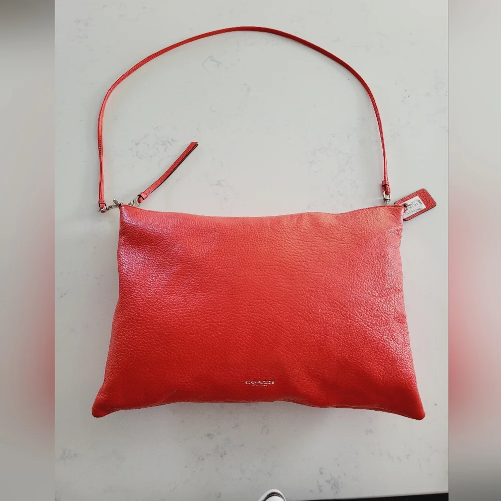 Coach Red Pebbled Leather Crossbody Bag Silver Hardware Foldover Clutch